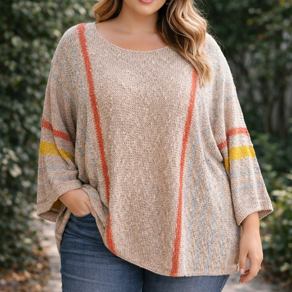 Dokotoo Beige Multi Striped Boucle Sweater Pullover Lightweight Woman 2XL